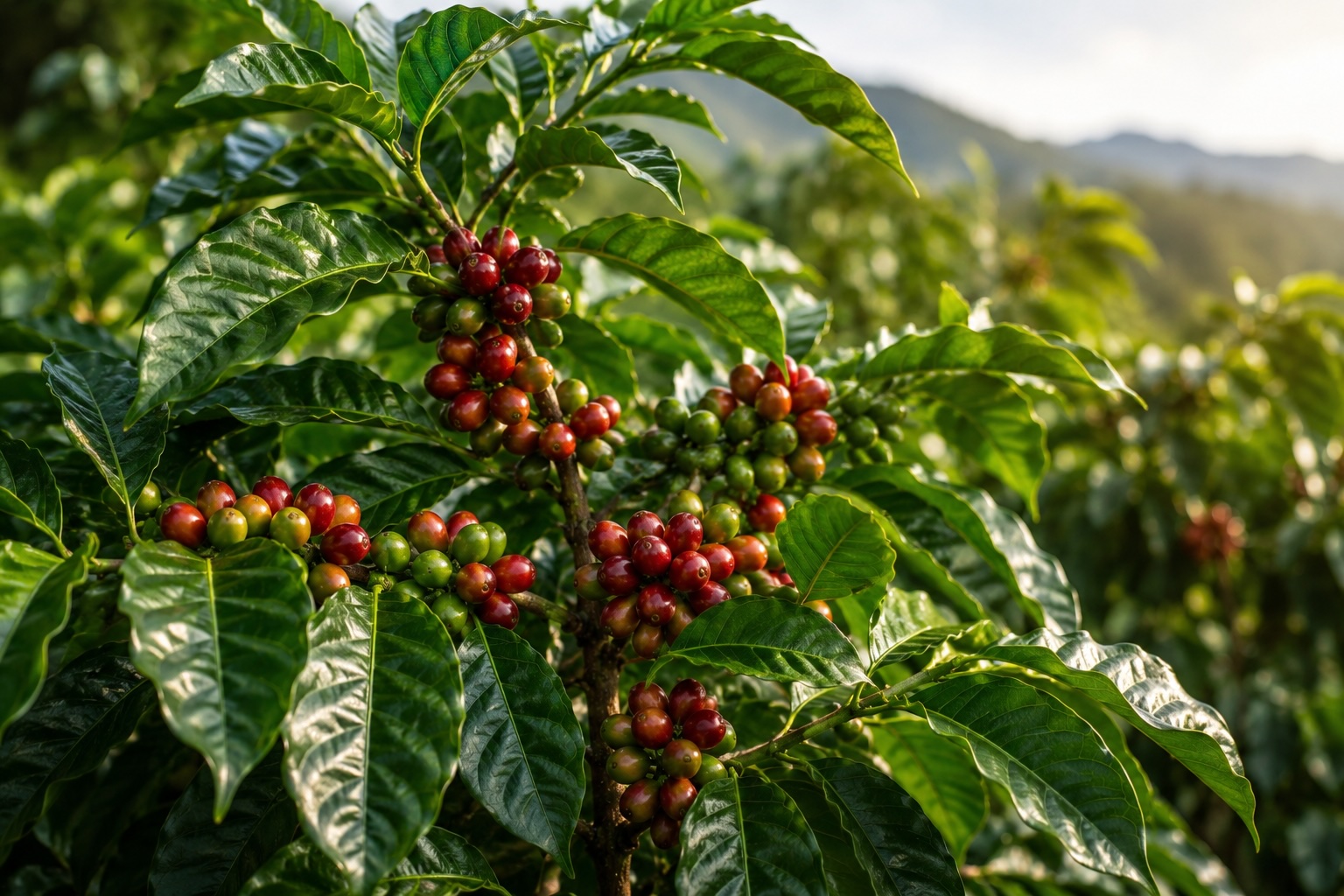 Kaffeestrauch mit reifen roten und grünen Kaffeekirschen auf einer Plantage