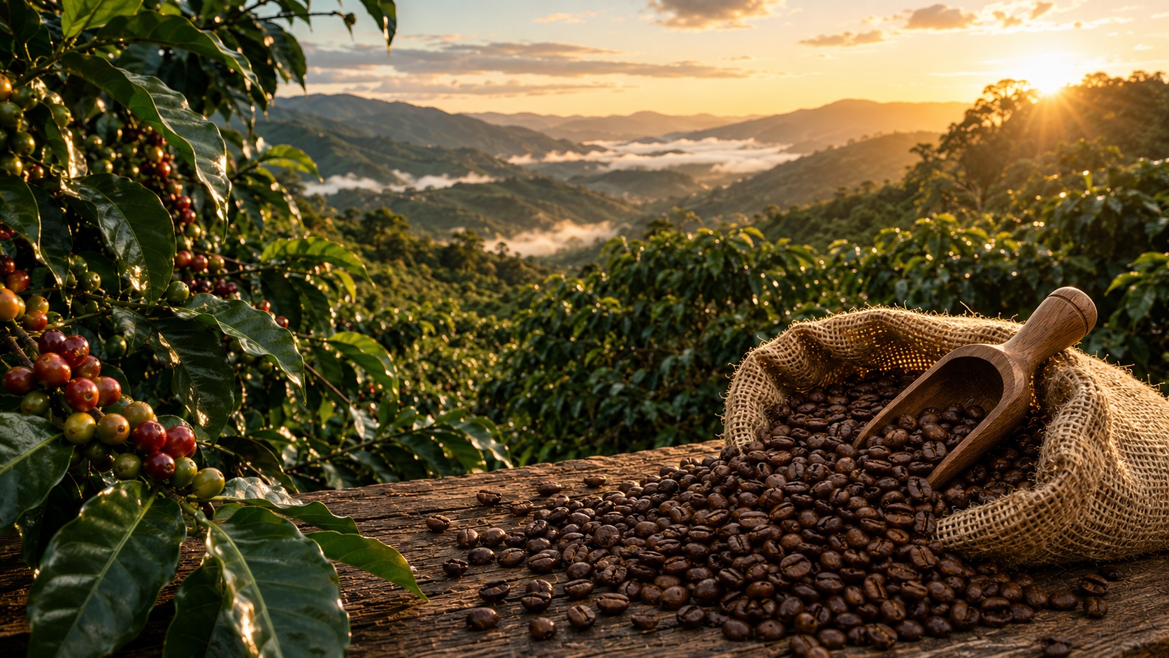 Kaffeepflanzen mit roten Kirschen vor Berglandschaft