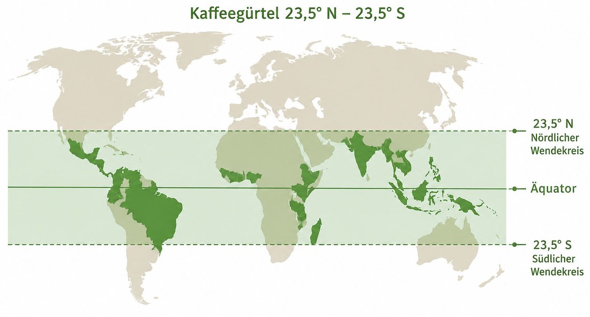 Weltkarte des Kaffeegürtels zwischen 23,5° N und 23,5° S